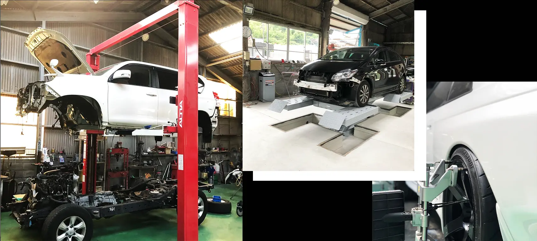 リフトに乗せた来車と整備している車